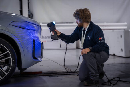 Thatcham Research test engineer conducts a pre impact 3 D scan to prepare for RCAR low speed test